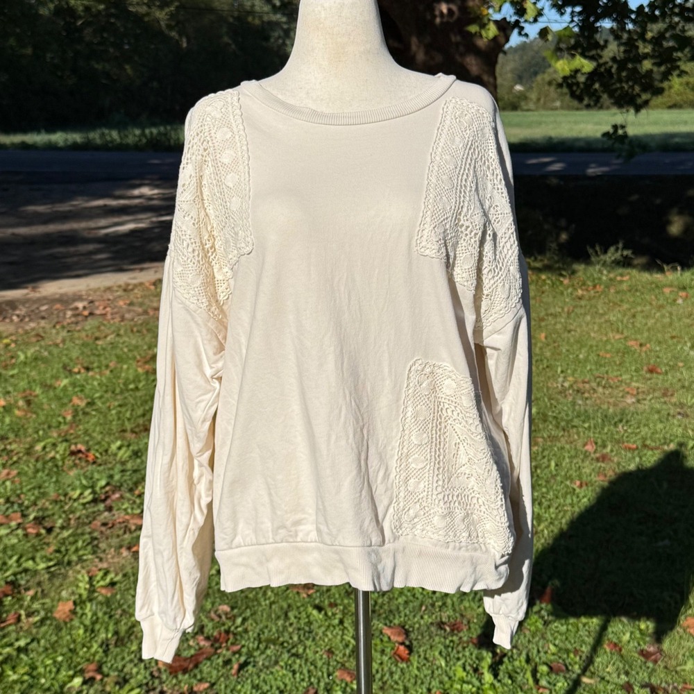 Farmers Market Cream Crochet Lace Patch Cotton Sweatshirt XL Oat Boho Cottage
